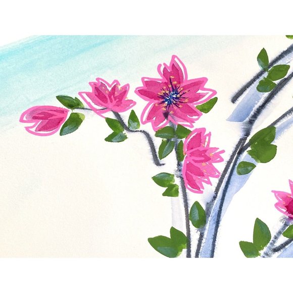 Sakura! - Original Wall Art Handmade Watercolor Mixed Media Painting 16x20in - Picture 5 of 10